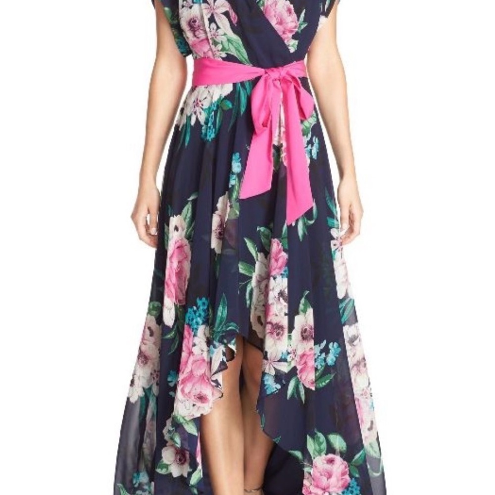 Eliza J Navy Floral High-Low Wrap Dress with Pink Sash